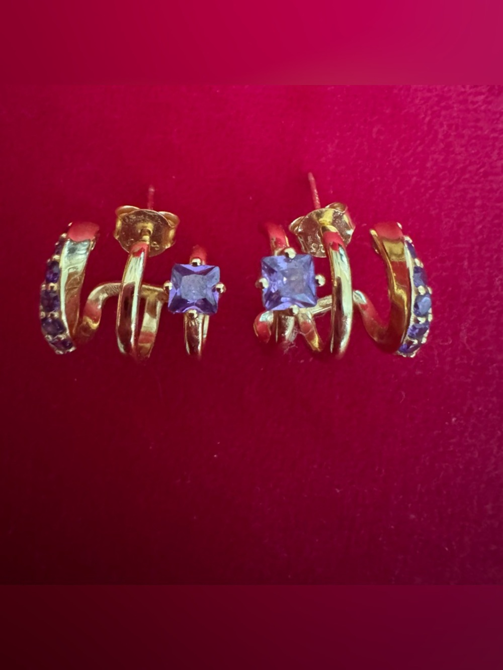 Gold-Tone Hoop Earrings with Purple Square Gem Accents